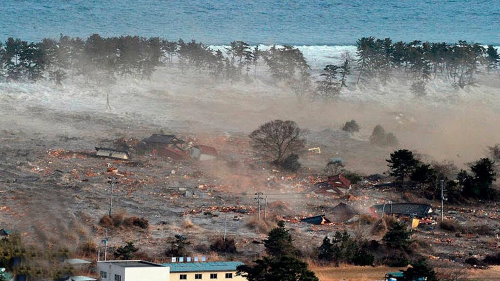 Huge tsunami waves destroy everything in their path after the eruption of the Tonga volcano.